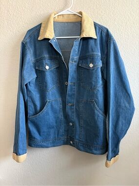 Oversized Blue Denim Jacket with Contrast Tan Collar - Women